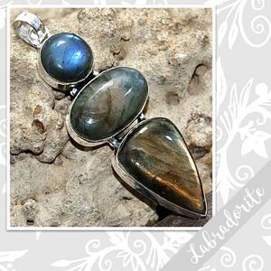 Labradorite Large Silver Eclectic Artisan Pendant 3.1” (Blue, Rust Orange flash)